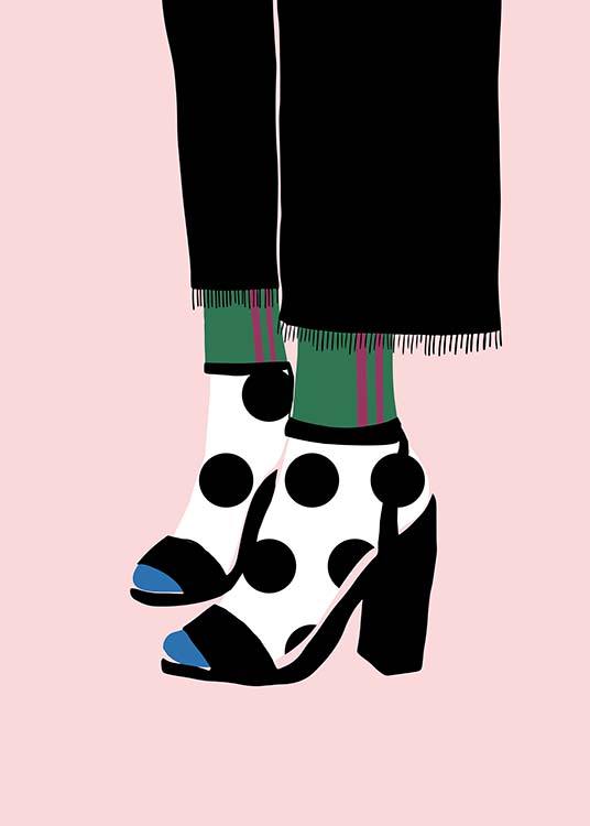 – Poster grafico di calzini a pois con tacco su sfondo rosa.