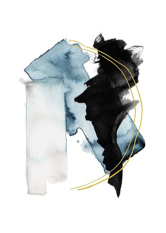  – Illustrazione ad acquarello con forme astratte in nero e blu e due linee color oro