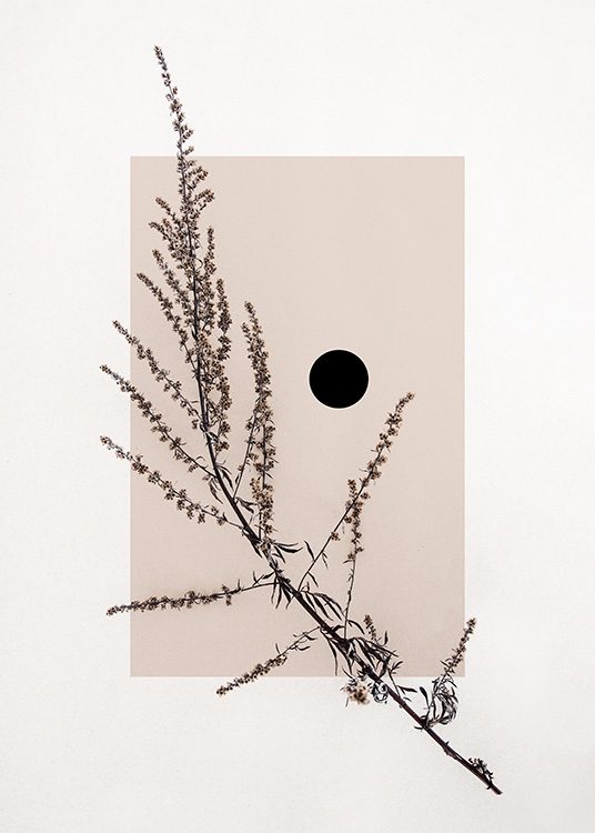 Poster di una foglia secca con uno sfondo astratto contenente un quadrato beige e un punto nero. Una perfetta combinazione di vita dalla foglia e struttura astratta alle forme.