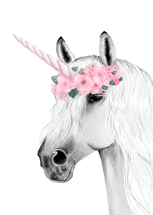 –Disegno di un unicorno con corno e ghirlanda in rosa.
