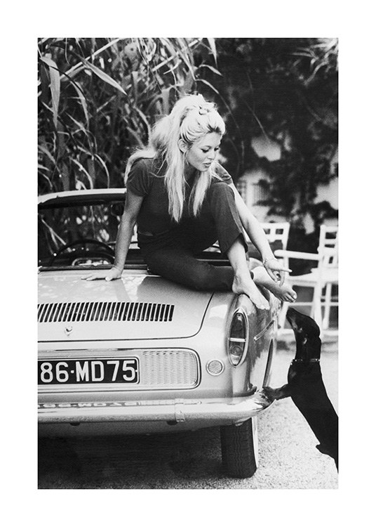  – Fotografia in bianco e nero di Brigitte Bardot che si protende verso un cane dal cofano di un’auto