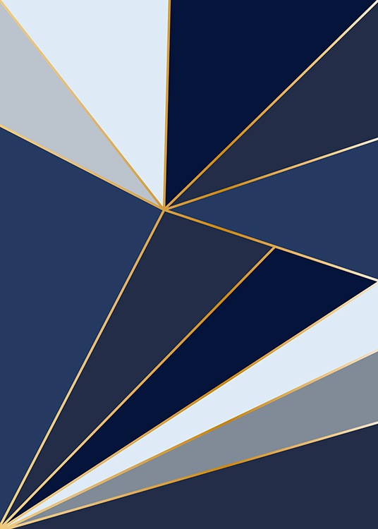  – Illustrazione grafica di forme geometriche blu simili a schegge e linee color oro che le separano