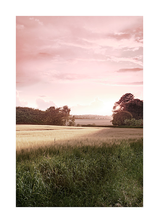 Stampa ispirata ala natura con un paesaggio rupestre al tramonto e un cielo rosa sullo sfondo