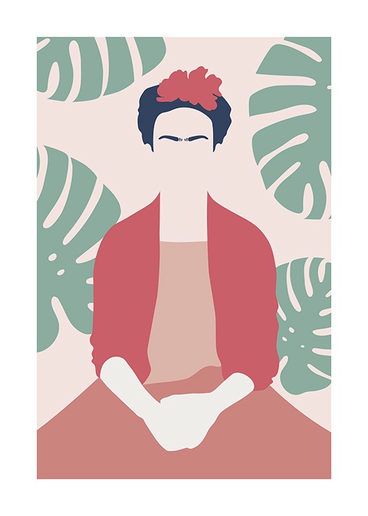 Stampa grafica di Frida Kahlo seduta che indossa abiti rossi con foglie di mostera sullo sfondo