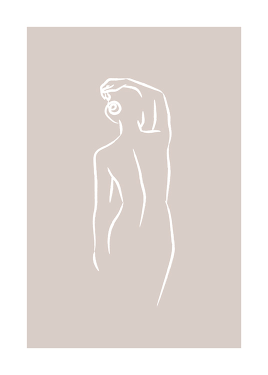 Illustrazione di donna da dietro in stile Line art in bianco su sfondo beige