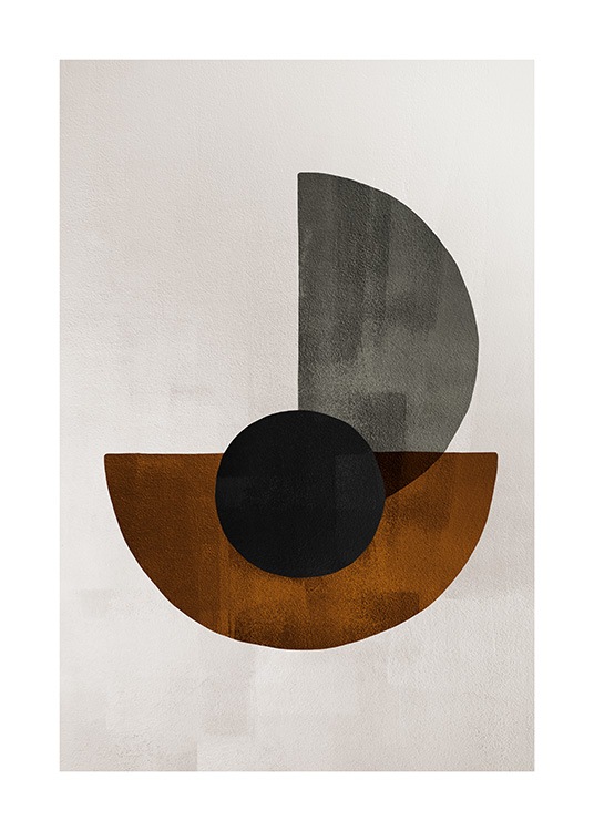 – Illustrazione grafica con forme nere marroni e grigie su sfondo beige