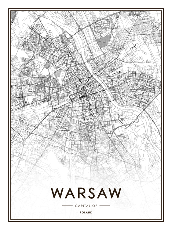  - Mappa in bianco e nero con le coordinate di Varsavia e la Polonia scritte sul fondo