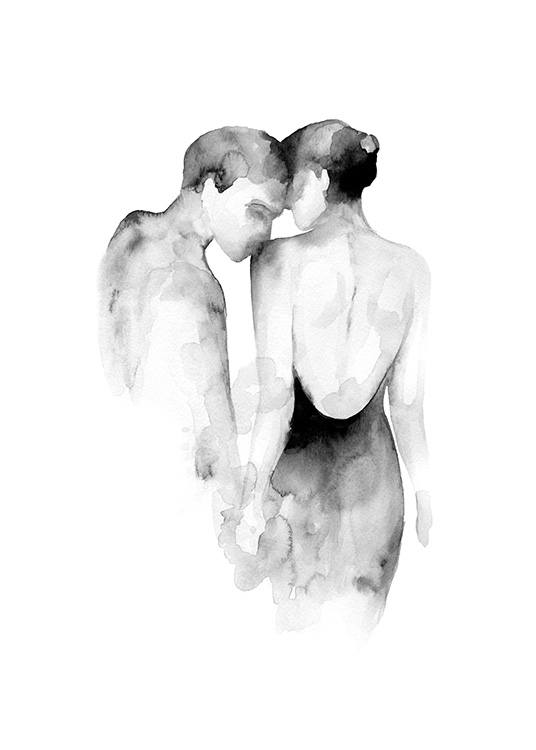  – Illustrazione ad acquarello in bianco e nero di un uomo che bacia la spalla di una donna