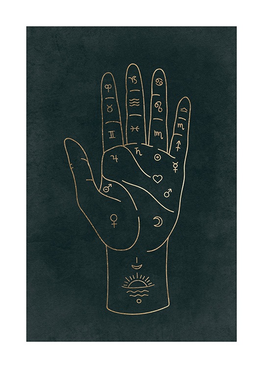  – Illustrazione grafica di segni astronomici sul palmo e le dita di una mano
