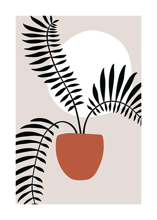  – Illustrazione grafica di un vaso arancione con piante nere e un cerchio bianco sullo sfondo