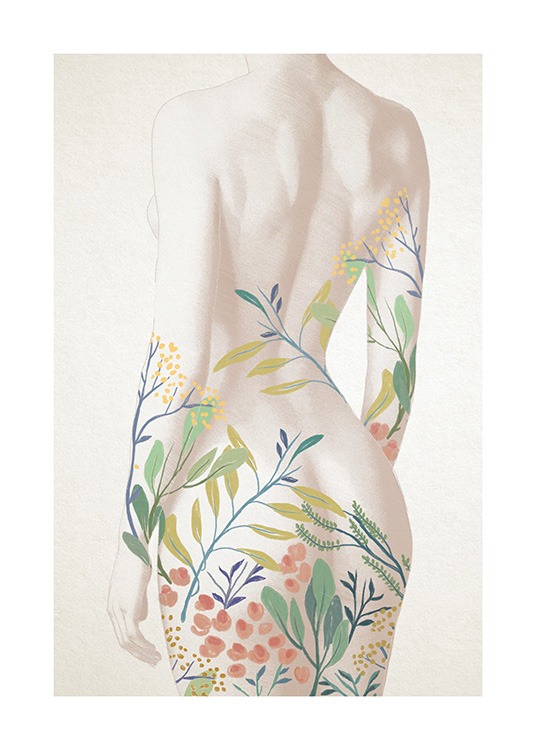  – Illustrazione di nudo di donna di schiena con foglie fiori dipinti sulla pelle