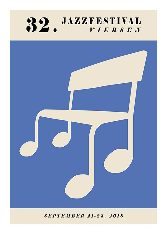  – Illustrazione grafica con note musicali che formano una panchina su sfondo blu