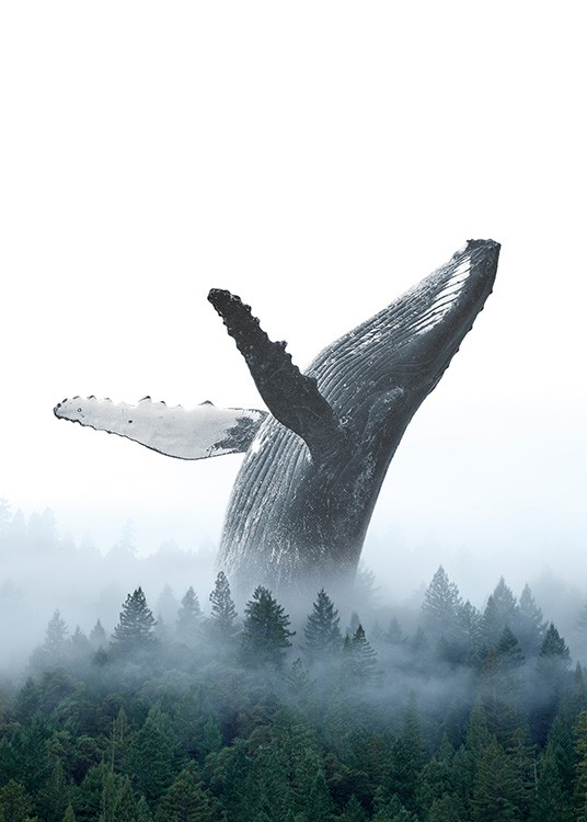  - Fotografia artistica con una balena che si getta all'indietro in una foresta avvolta nella nebbia