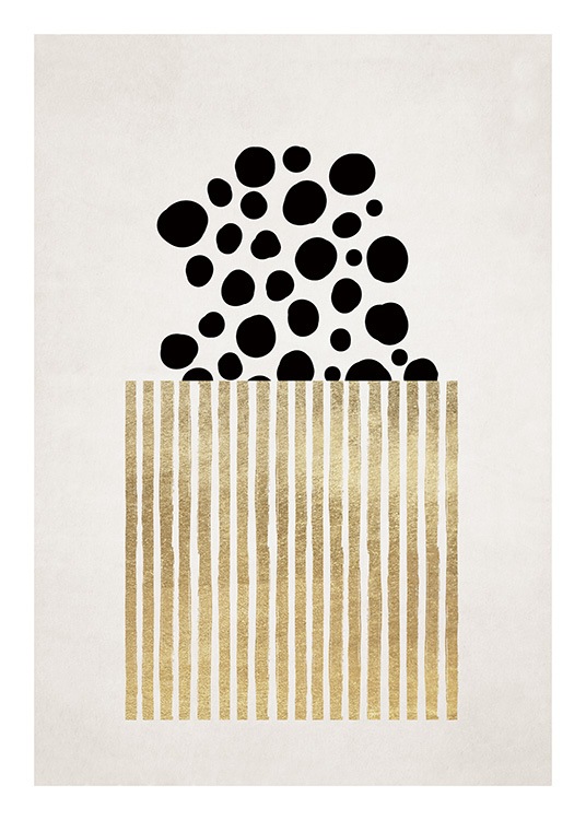  - Poster grafico con strisce color oro che coprono cerchi neri, su sfondo beige