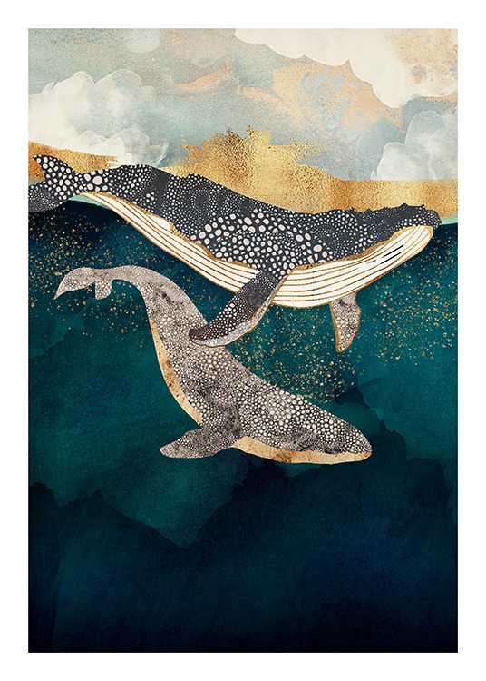  - Illustrazione grafica in blu di due balene che nuotano nell’oceano