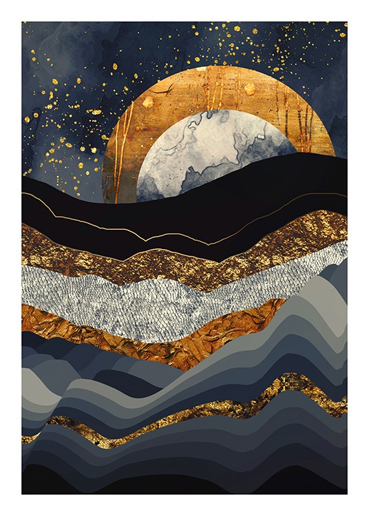  - Illustrazione grafica di un paesaggio montano in blu con una luna color oro sullo sfondo
