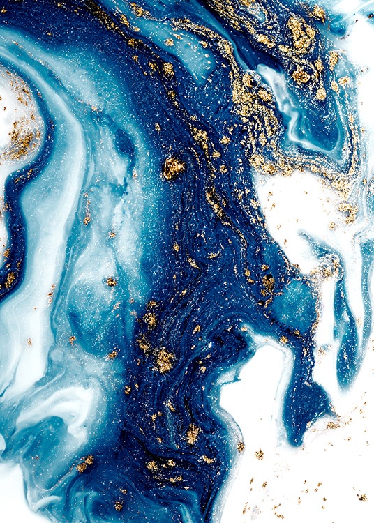  - Pittura a olio con motivo ondulato astratto dipinto in blu e bianco e dettagli color oro