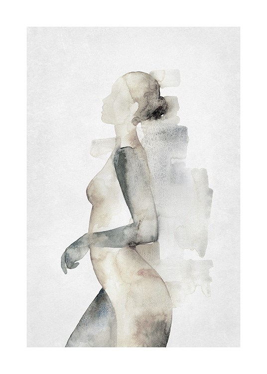  – Acquarello di nudo di donna di profilo in beige e grigio
