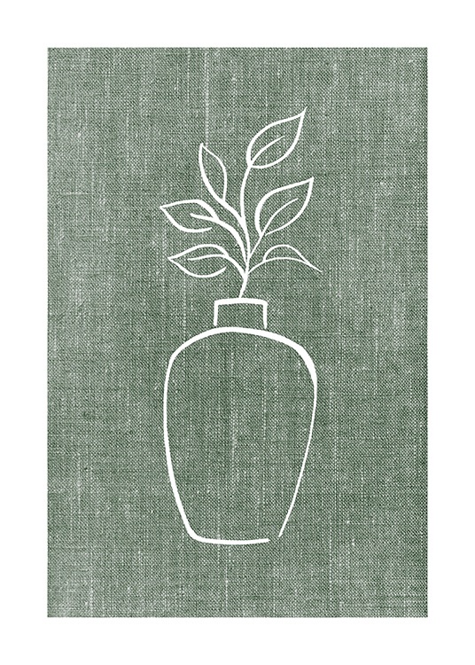  – Illustrazione in bianco di un vaso e un ramo con foglie su sfondo verde effetto lino