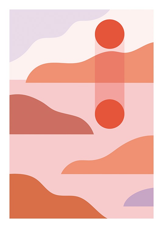  – Illustrazione grafica astratta di un tramonto in rosso, viola e rosa
