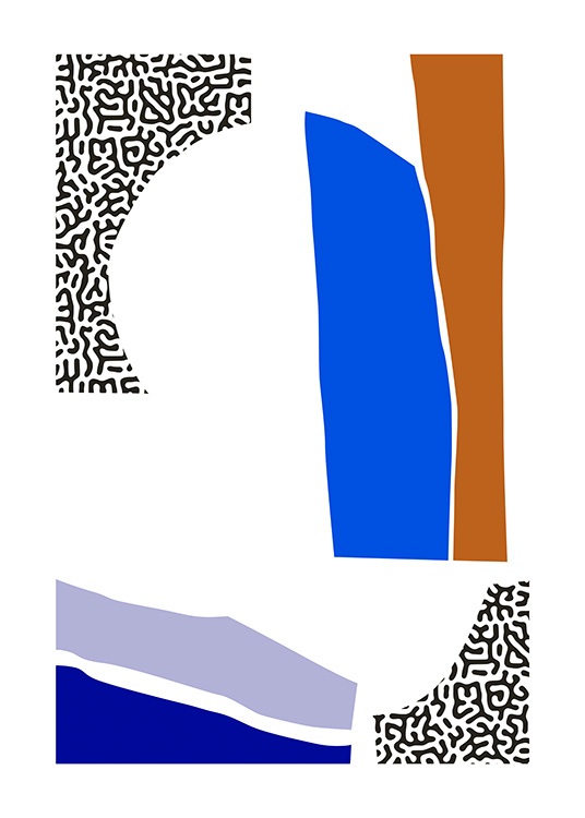  – Illustrazione grafica astratta con bocchi di colore blu, marrone e bianchi e neri