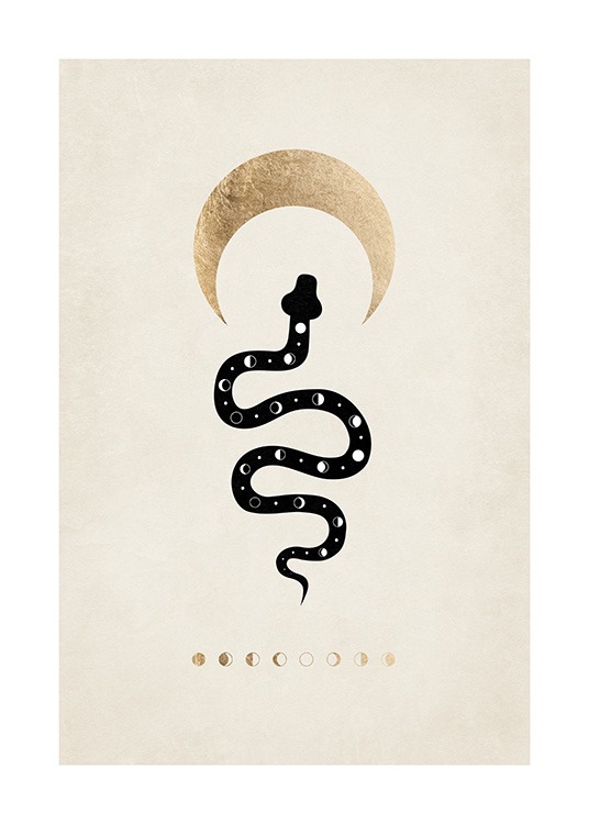  – Illustrazione grafica di fasi lunari e una mezza luna e un serpente nero al centro