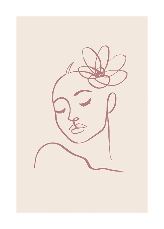  – Illustrazione di una donna con un fiore tra i capelli realizzata con linee rosso chiaro su sfondo beige