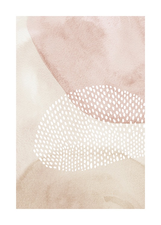  – Illustrazione di forme rosa e beige dietro una forma composta da puntini bianchi