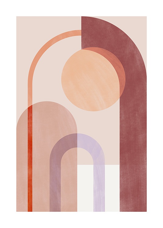  – Illustrazione grafica in tonalità di rosso, beige e viola con forme geometriche
