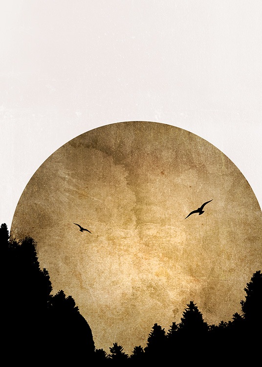  – Illustrazione grafica di un sole color oro, due uccelli neri e alberi neri