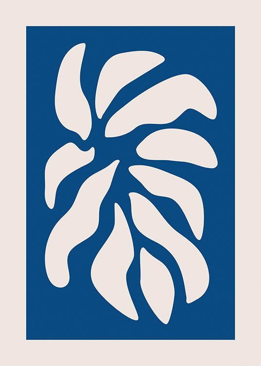  – Illustrazione grafica di petali beige su sfondo blu scuro incorniciato da un bordo beige