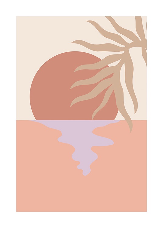  – Illustrazione grafica di una foglia di palma beige e un tramonto sullo sfondo