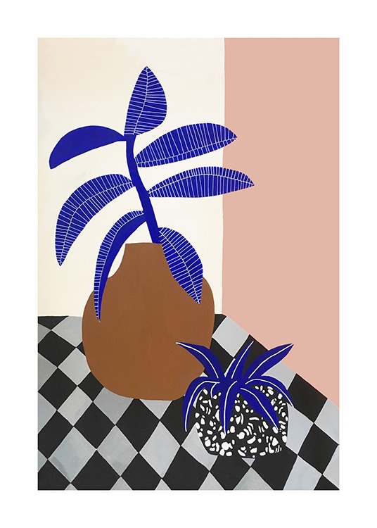  – Illustrazione grafica di due vasi con piante blu su sfondo bianco e rosa
