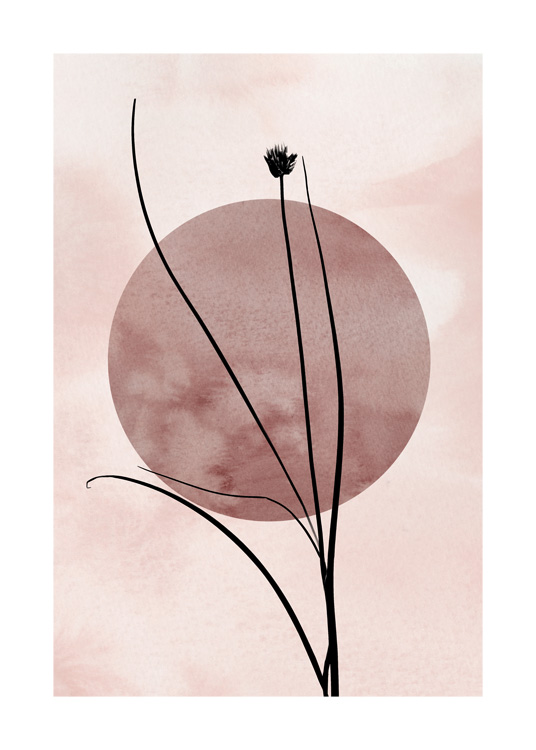 – Illustrazione di steli d’erba neri su sfondo rosa e un cerchio rosa scuro al centro