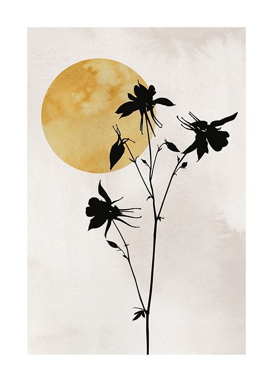 – Illustrazione di piccoli fiori neri su sfondo beige e un piccolo sole giallo in un angolo