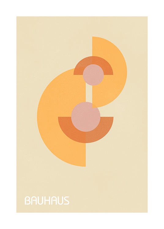  – Illustrazione grafica di forme geometriche arancioni e rosa con la parola Bauhaus al fondo