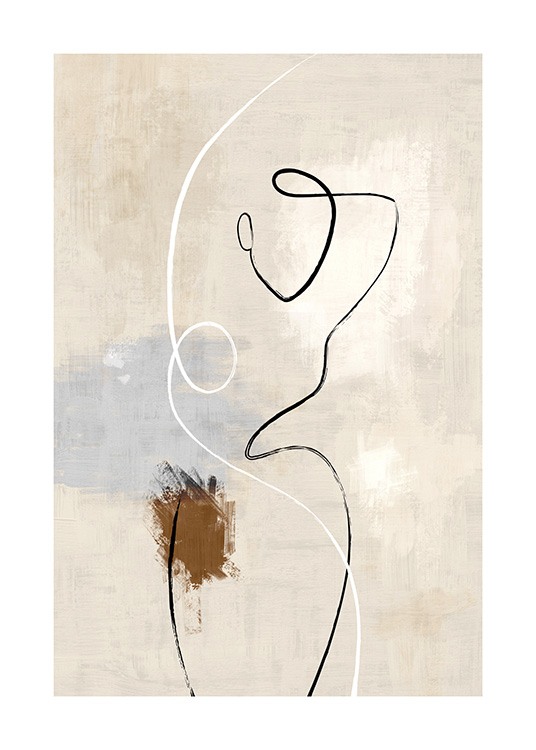  – Illustrazione di un corpo in stile line art in nero su sfondo macchiettato beige con dettagli blu e marroni
