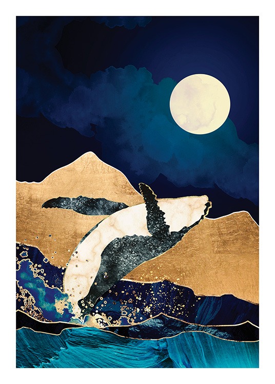  – Illustrazione grafica di montagne color oro e la luna, con una balena che salta fuori dall’acqua in primo piano