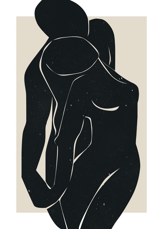  – Illustrazione grafica di due nudi in nero con puntini bianchi, su sfondo beige