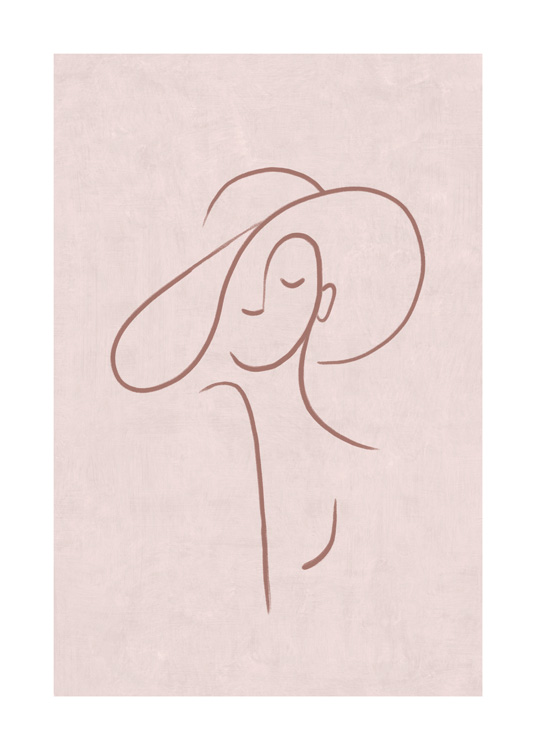  – Illustrazione in stile line art di una donna che indossa un cappello su sfondo rosa macchiettato