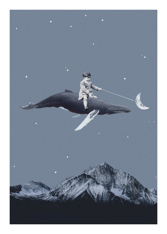  – Illustrazione grafica di una balena che vola sulle montagne con un bambino in groppa