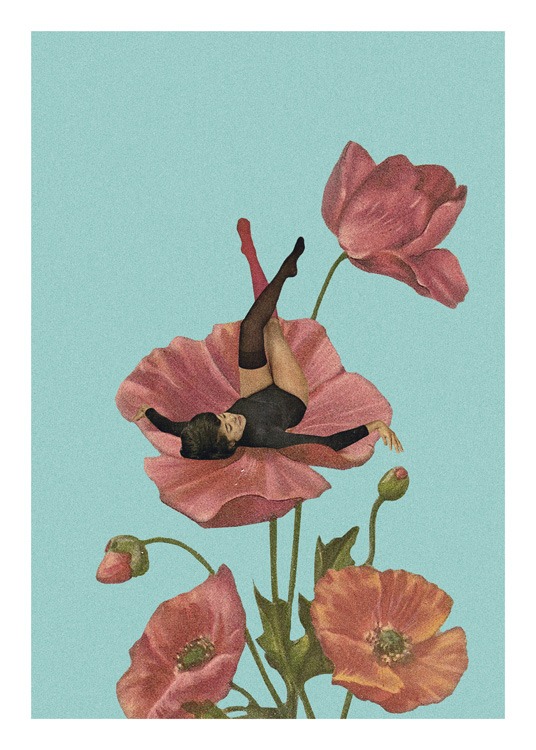  – Illustrazione grafica di un mazzo di fiori rossi e una donna in nero sdraiata in uno dei fiori
