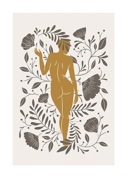  – Illustrazione grafica di un nudo di donna arancione vista da dietro e attorniata da fiori e foglie marroni