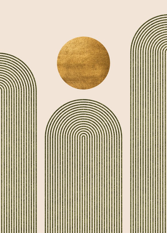 – Illustrazione grafica di un cerchio color oro e tre archi verdi su sfondo beige