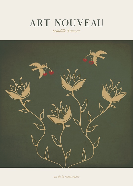 – Illustrazione di fiori e uccelli beige su sfondo verde e beige