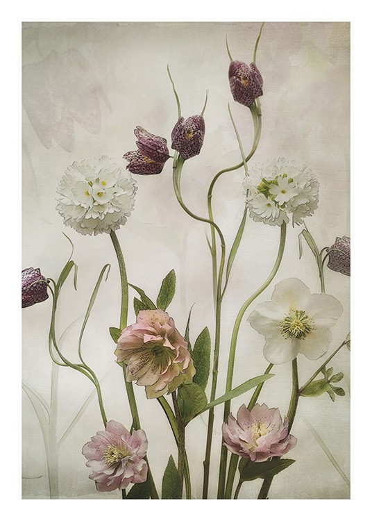 – Dipinto che ritrae fiori selvatici da giardino bianchi, viola e rosa su sfondo beige