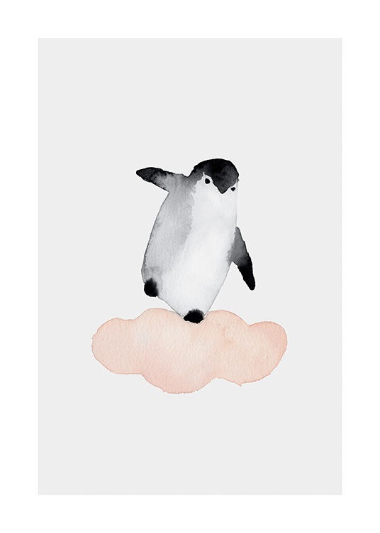  – Acquarello che ritrae un pinguino che si tiene in equilibrio su una nuvola rosa, su sfondo grigio chiaro