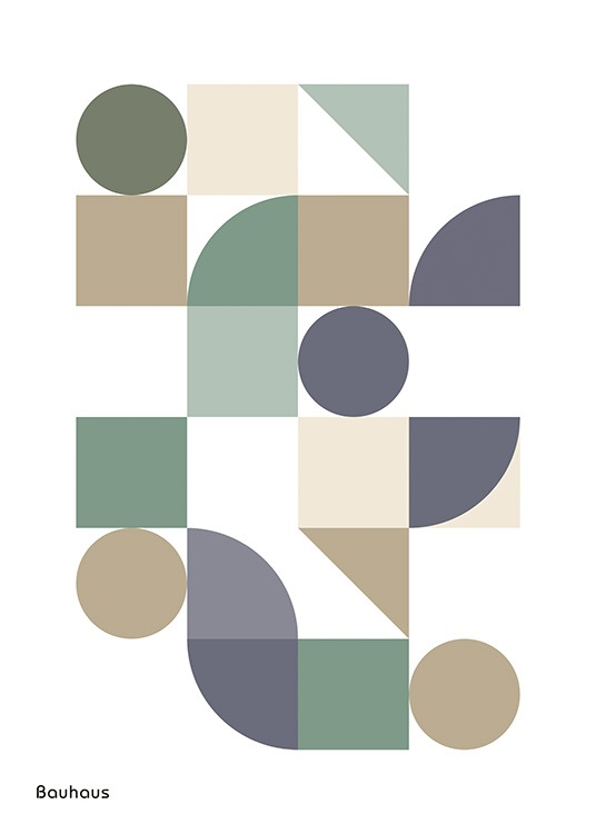  – Illustrazione grafica con Bauhaus scritto al fondo e forme geometriche beige, viola e verdi