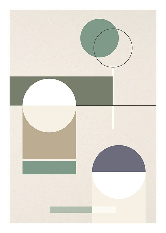  – Illustrazione grafica di forme viola, bianche e verdi su sfondo beige