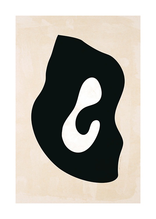  – Illustrazione grafica di una forma astratta nera con il centro bianco su sfondo beige chiaro